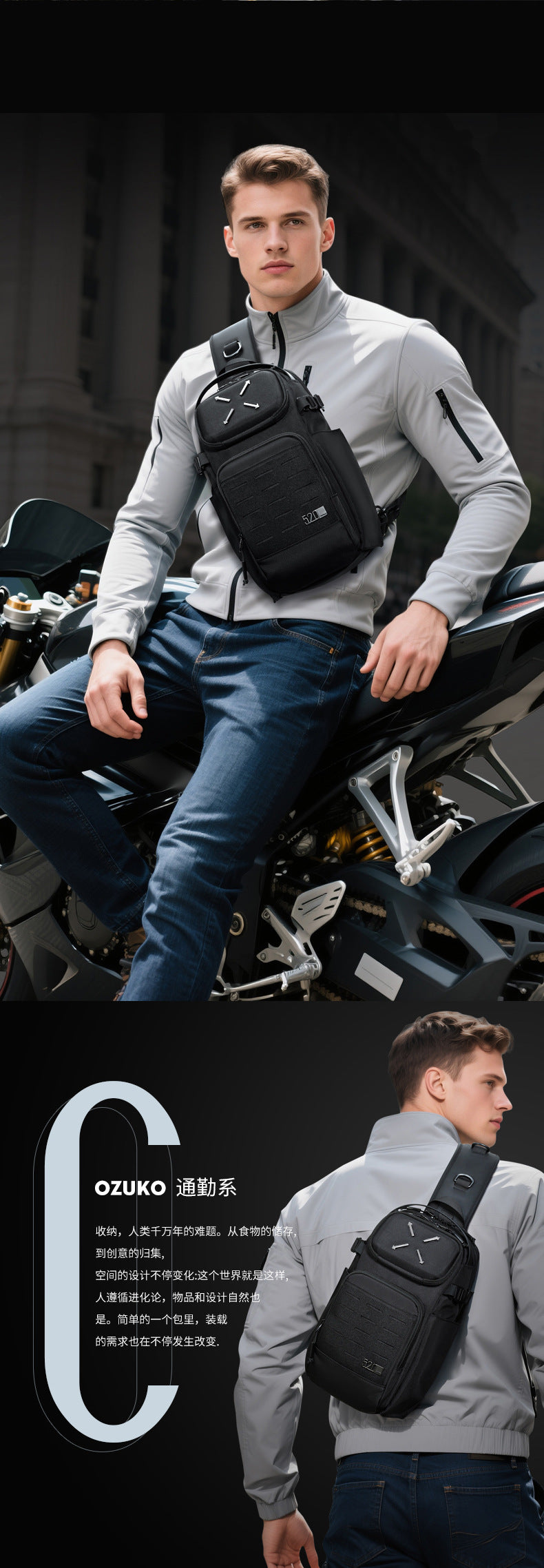 ozuko Men's Chest Bag Crossbody Bag High-end Waterproof Large Capacity Trendy Men's Shoulder Bag Commuting Portable Bag