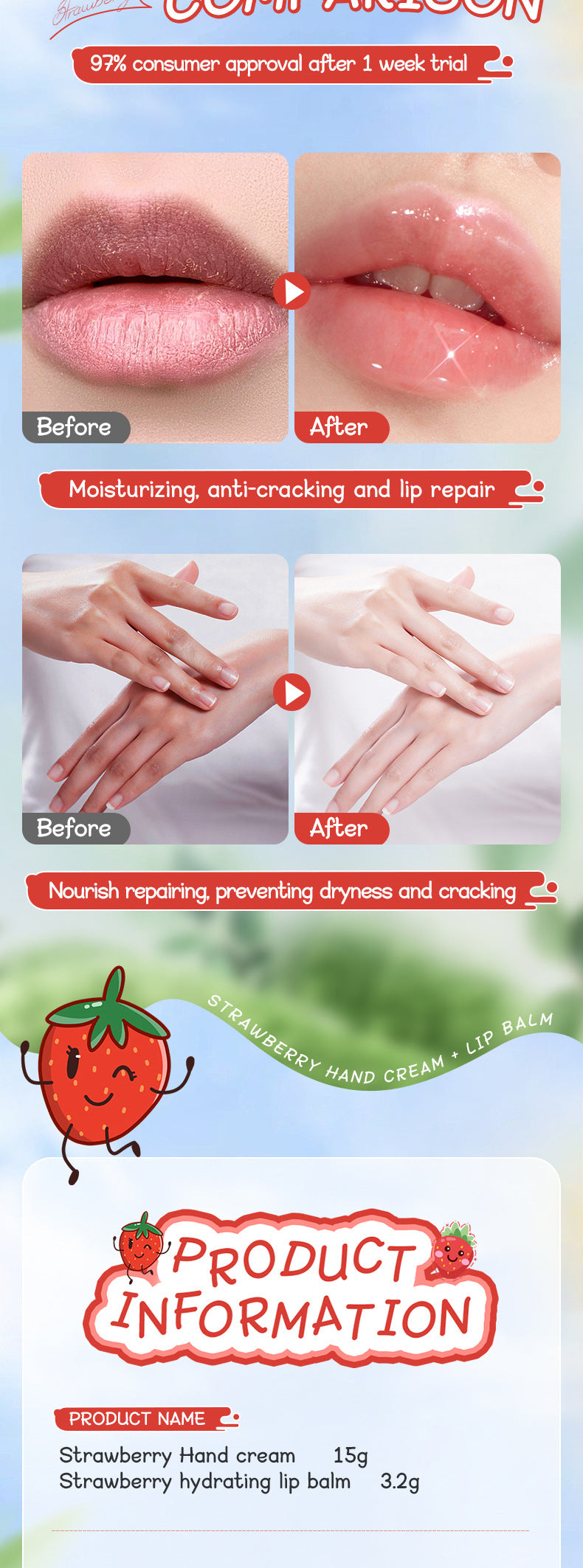Strawberry Hand Cream Lip Balm Set SADOER Nourishing Autumn and Winter Hand Cream Lip Balm  Wholesale