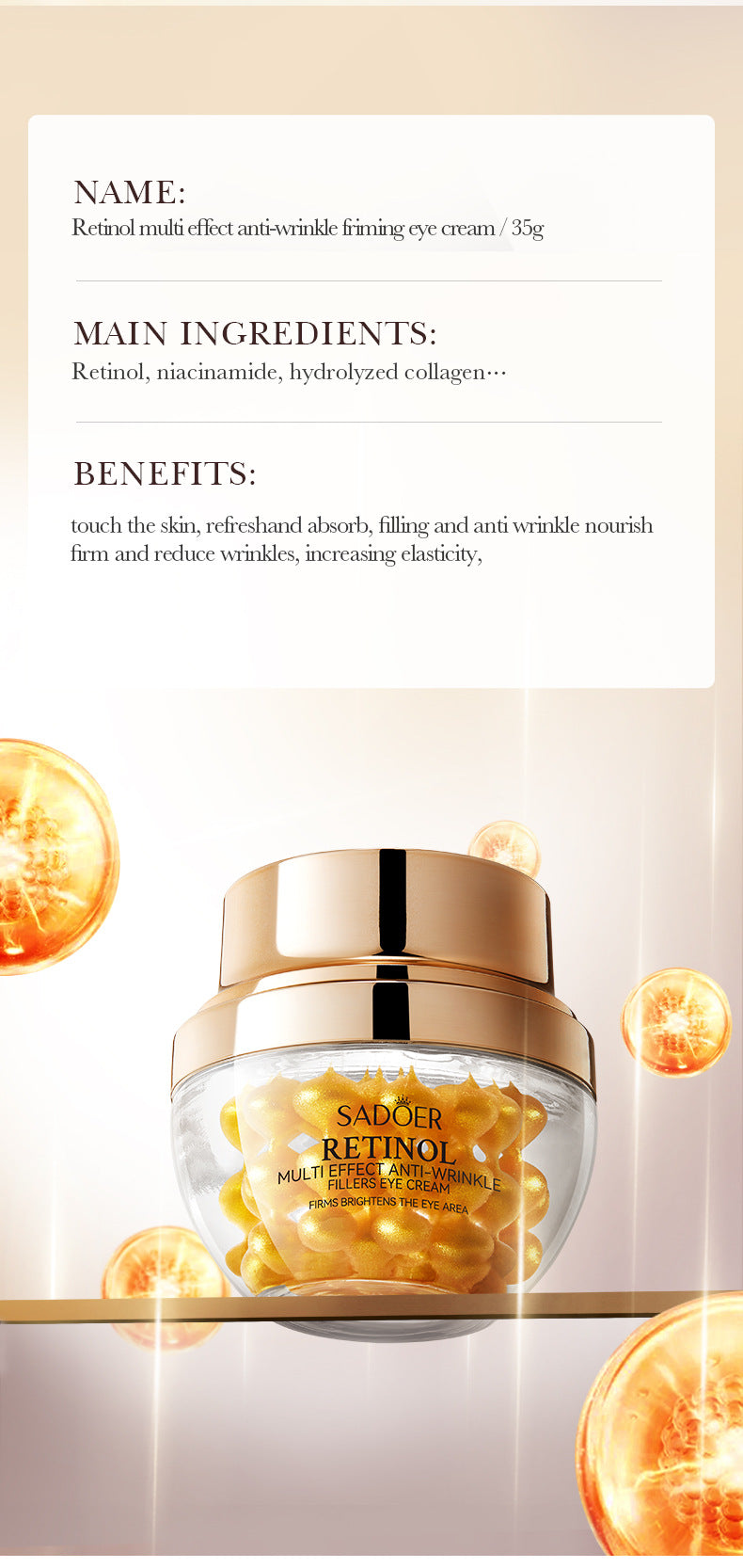 Retinol Anti-Wrinkle Eye Cream35g SADOER Moisturizing, hydrating, and firming cream cross-border foreign trade wholesale