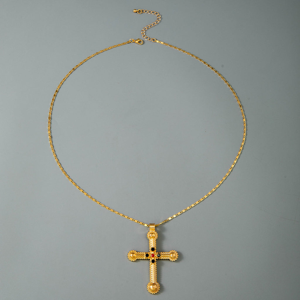 European and American Retro Hollow Diamond Cross Pendant Necklace Gothic Style Black Layered Wear Y Type Necklace
