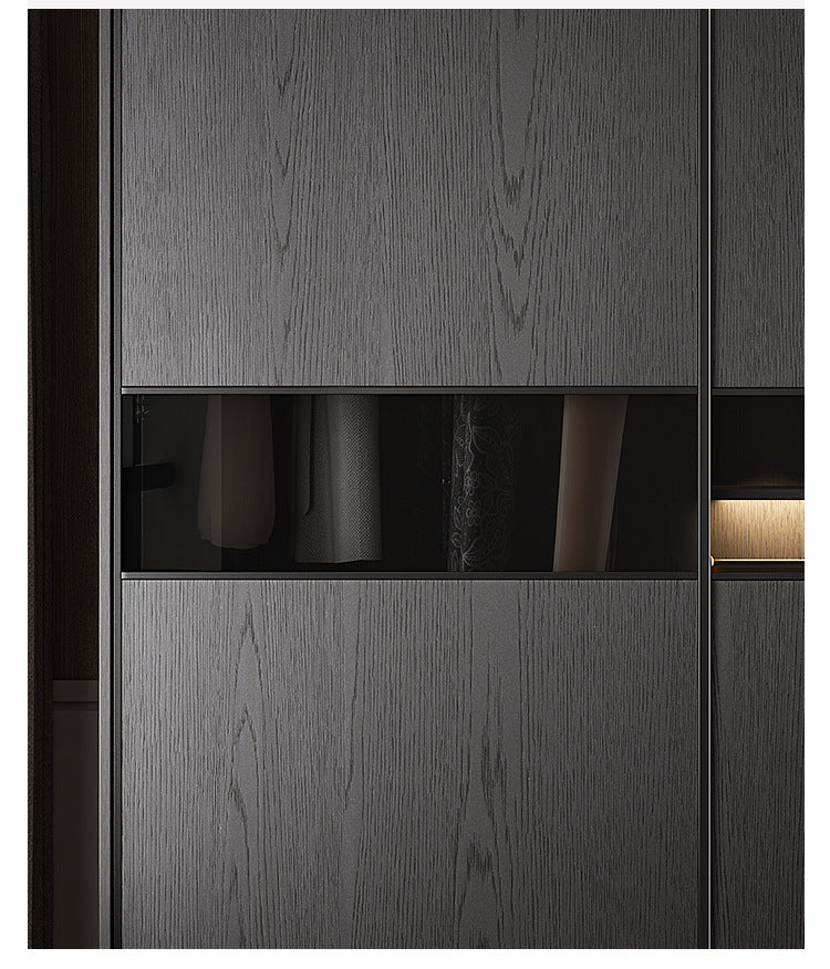 Solid Wood Sliding Door Bedroom Wardrobe Italian Minimalist Black Glass Door Modern Simple High-Grade Oak Storage Closet