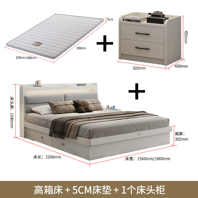Fabric Bed1.5Small Apartment Master Bedroom Soft Pack Technology Fabric Modern Double Bed White Simple Solid Wood Storage Bed