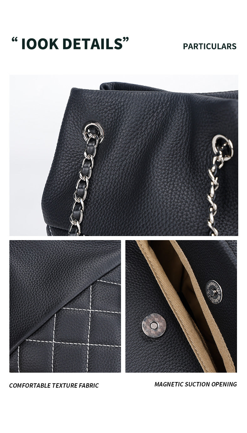 Classic Top Layer Leather Chanel Style Diamond Chain Shoulder Crossbody Women's Bag Fashion Versatile Handheld Bucket Bag for Women