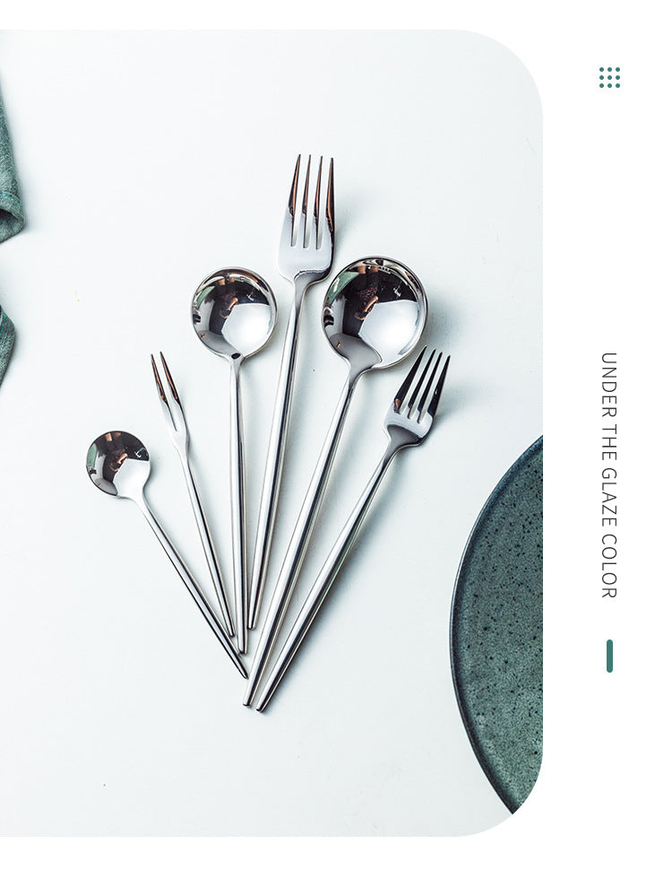 Portuguese Tableware304Glossy Round Handle Main Dinner Knife Fork Spoon Thick Mirror Dessert Spoon Fruit Fork Ice Spoon