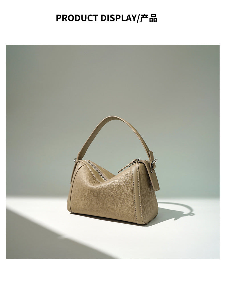 New Top Layer Cowhide Boston Bag Fashion Women's Bag Simple Texture Cowhide Shoulder Crossbody Bag Niche Design Sense