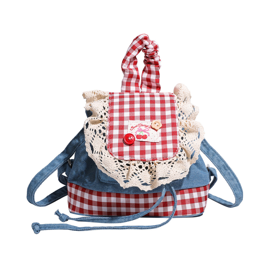 Lace trim denim backpack for women2025New Trendy Fashion Plaid Lace Backpack Handbag Shoulder Bag