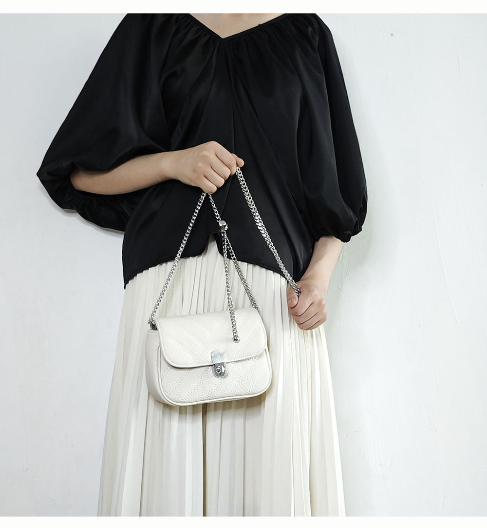 Genuine Leather Women's Bag New Metal Chain Small Square Bag Simple Versatile Chanel Style Single Shoulder Solid Color Embroidered Thread Crossbody Bag