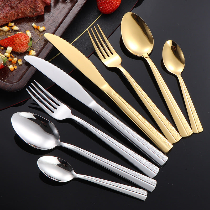 410Stainless Steel Tableware Hotel Restaurant Sand Texture Knife Fork Spoon Tea Spoon24Set of gold Western Steak Knives and Forks
