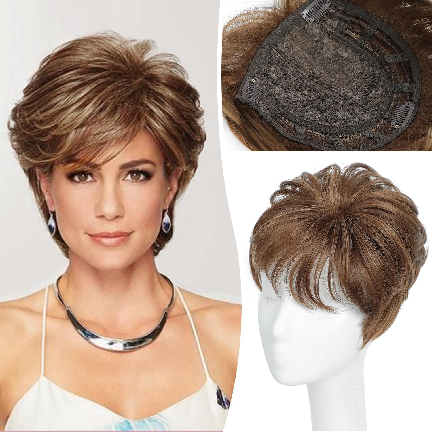 Hairpiece for Women, European and American Style, Top Hair Patch, Synthetic Short Curly Hair, Volume Enhancer, Gray Hair Cover, Breathable Hairpiece