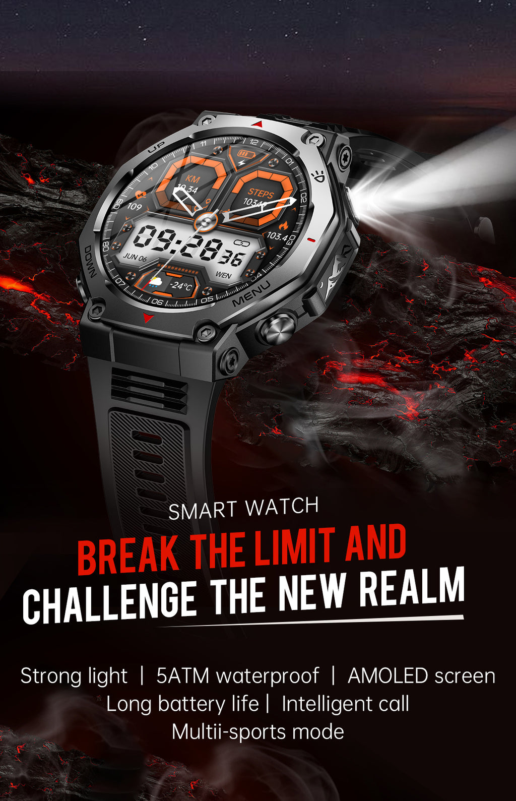 KT85Smart Watch Bluetooth Call True Heart Rate Step Count Sleep Monitoring Flashlight Deep Waterproof Sports Three-Proof