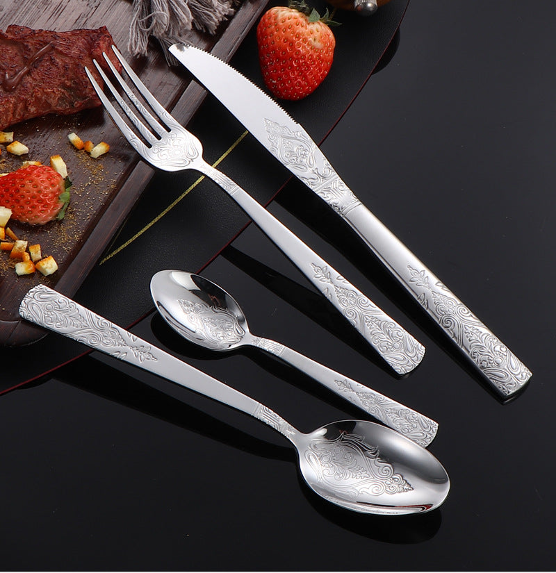 410Stainless Steel Tableware Hotel Retro Double Pattern Totem Western Cutlery Knife Fork Spoon Restaurant Hammered Steak Knife Fork