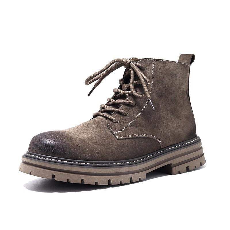 New High-top Men's Leather Shoes Single Lining Fleece Martin Boots Retro Classic Trendy Workwear Casual Yellow Boots