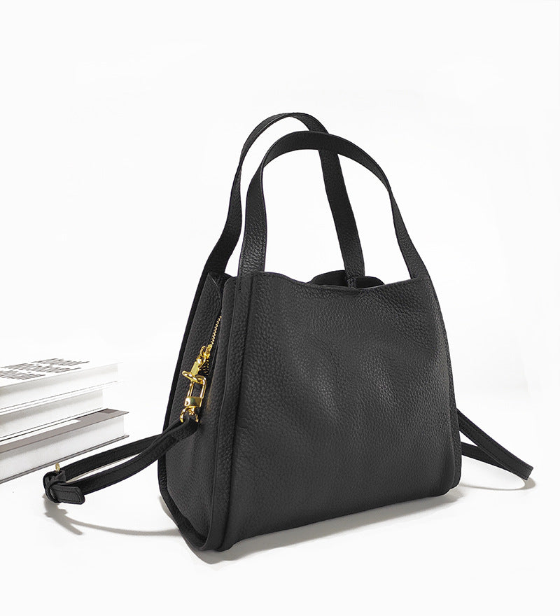 Genuine Leather Basket Bag Handheld Bucket Bag Women's Winter Crossbody Bag Large Capacity Top Layer Cowhide Bucket Style