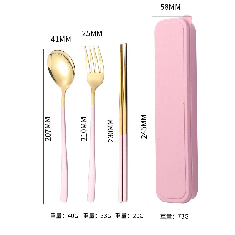 304Stainless Steel Tableware Student Korean Portable Tableware Office Worker Outdoor Spoon Fork Chopsticks Four-piece Set