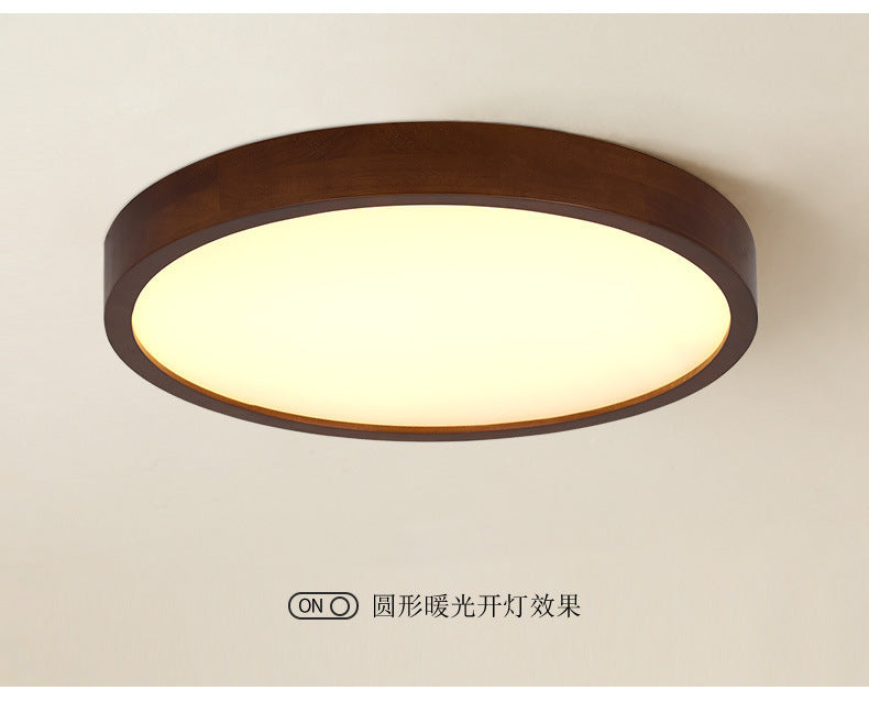 New Chinese Style Ceiling Light for Bedroom, Round Modern Simple Walnut Color Solid Wood Nordic Room LED Lamp