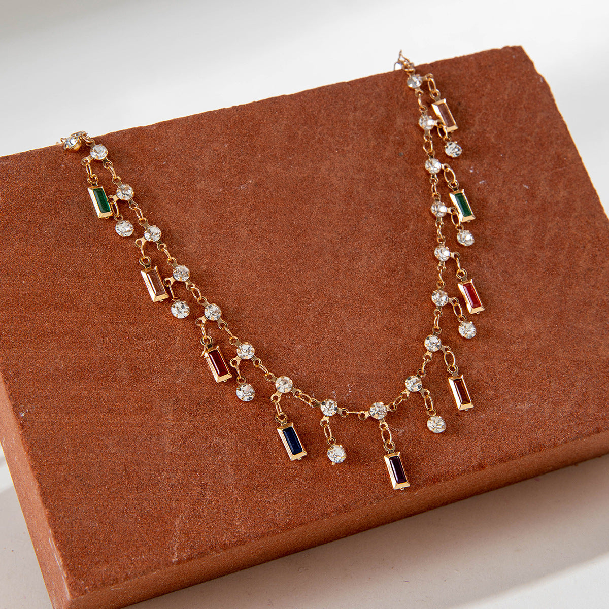 Simple Colorful Beaded Tassel y Chain Necklace Elegant Versatile Diamond-Studded Sweater Chain Jewelry