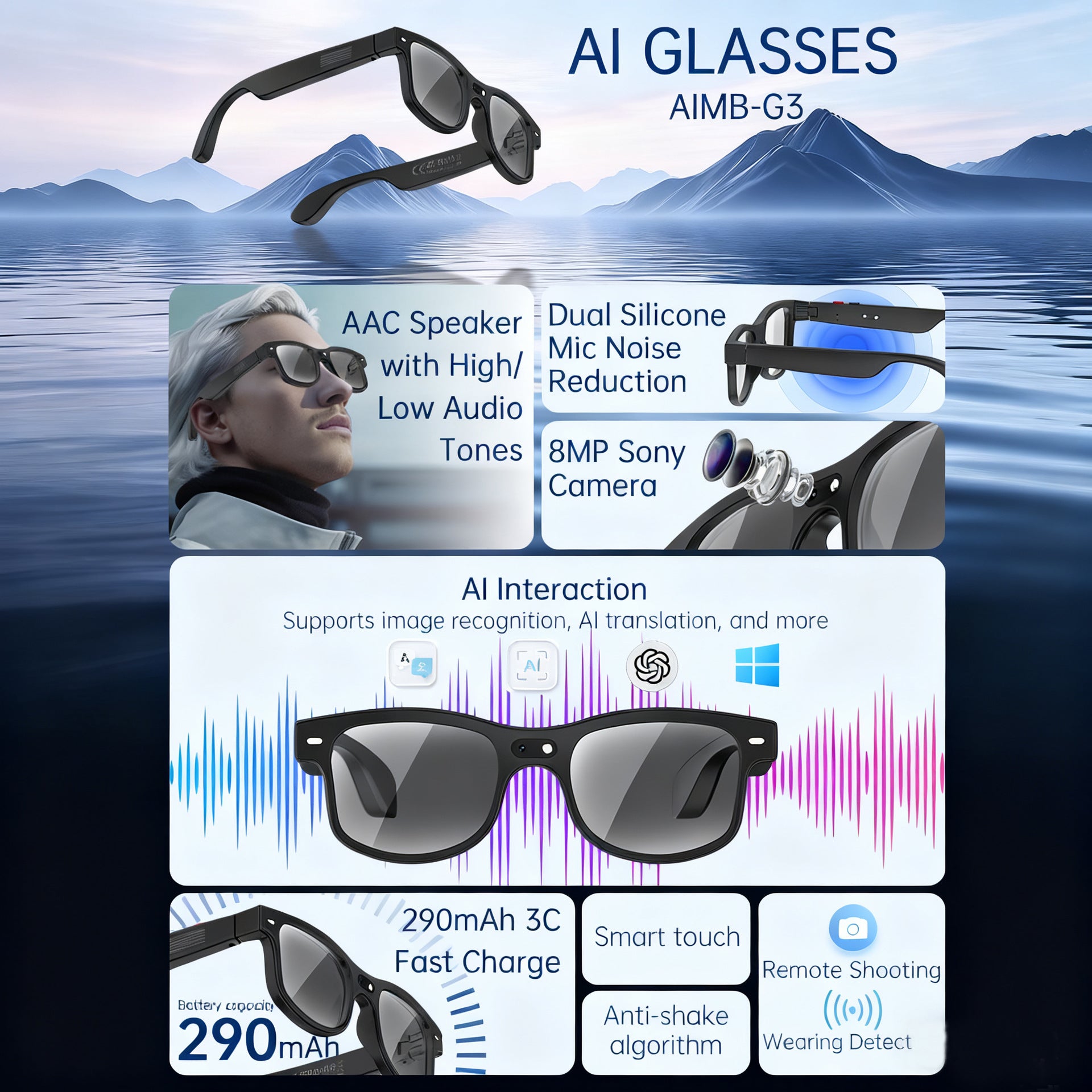 AIMB-G3Smart Glasses800100 Megapixel Camera1200P Video Recording Color Changing Lenses AI Simultaneous interpretation