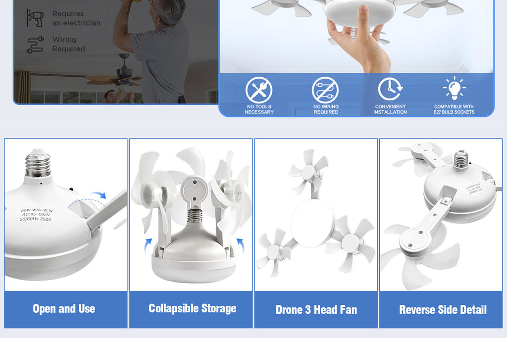 50W Drone Style Ceiling Fan Light E27Fan Light led Fan Light Folding Ceiling Light3Color Light