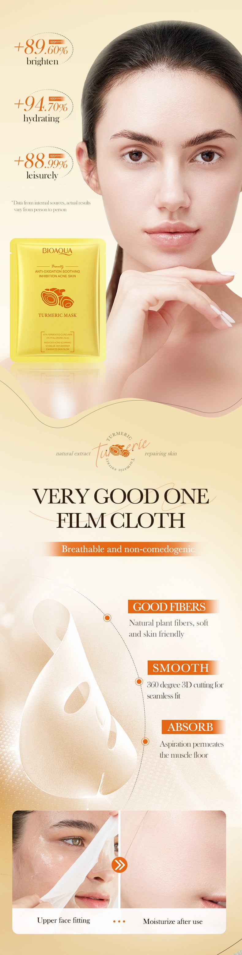 Turmeric Mask BIOAOUA Anti-oxidation Moisturizing Hydrating Nourishing Face Mask Sheets Wholesale for Cross-border Trade