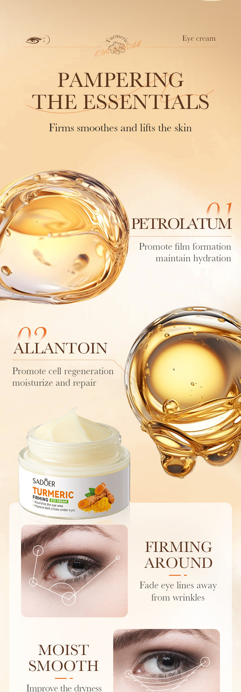 Turmeric Eye Cream SADOER Moisturize and Improve Dark Circles, Eye Lines, Eye Bags,  Wholesale