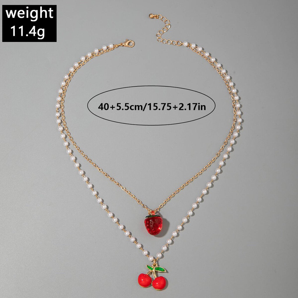 European and American Style Jewelry Light Luxury Imitation Pearl Cherry Necklace High-End Versatile Grass Multi-Layer Stacking Necklace Wholesale
