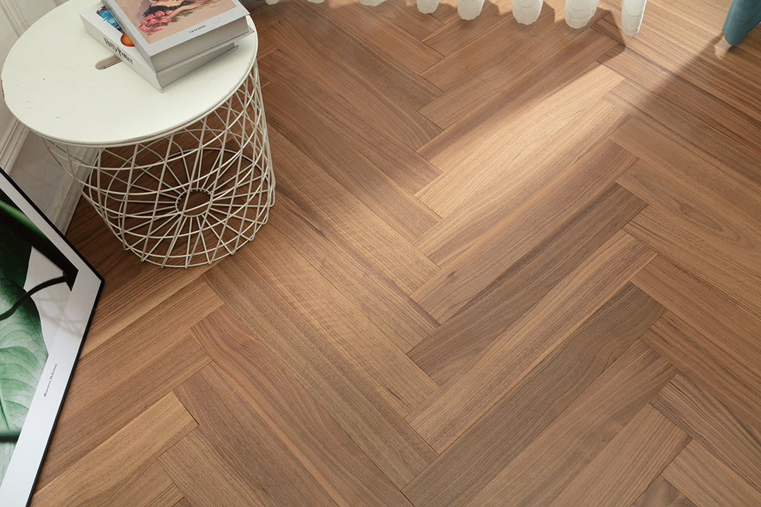 9213 Herringbone Art Parquet  Full Birch Multi-layer Core Solid Wood Black Walnut Veneer Brushed Clickblock Joint Engineered Flooring