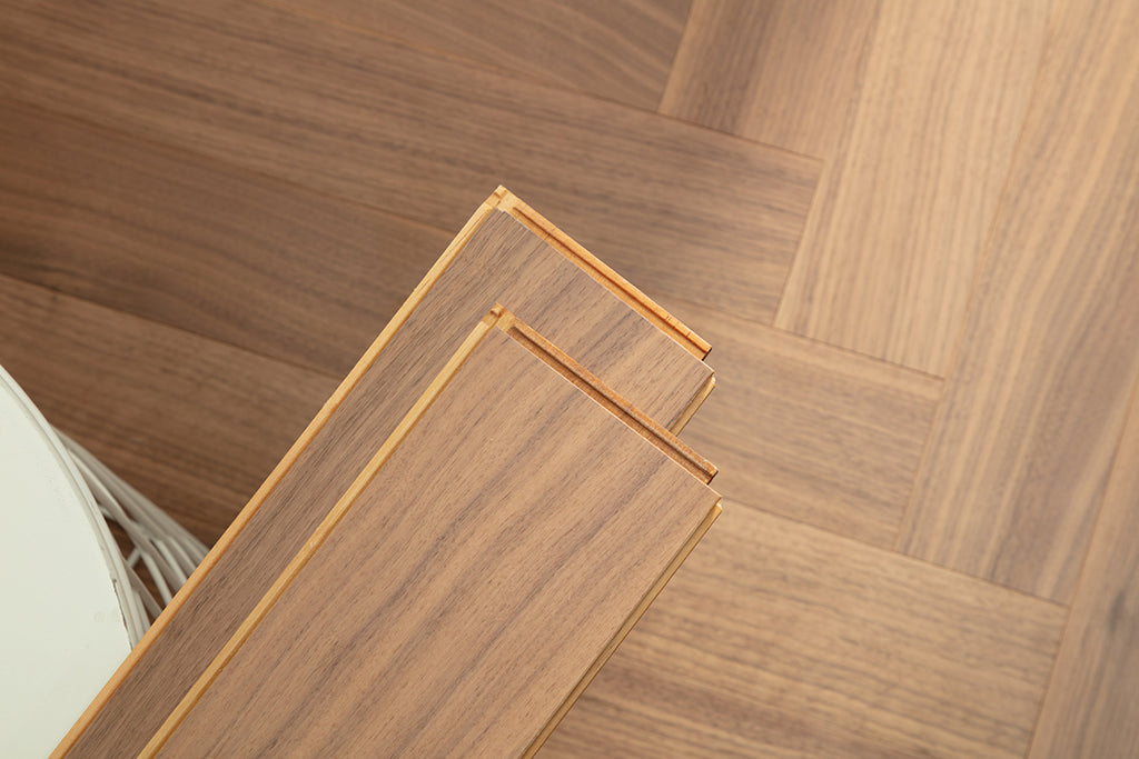9213 Herringbone Art Parquet  Full Birch Multi-layer Core Solid Wood Black Walnut Veneer Brushed Clickblock Joint Engineered Flooring