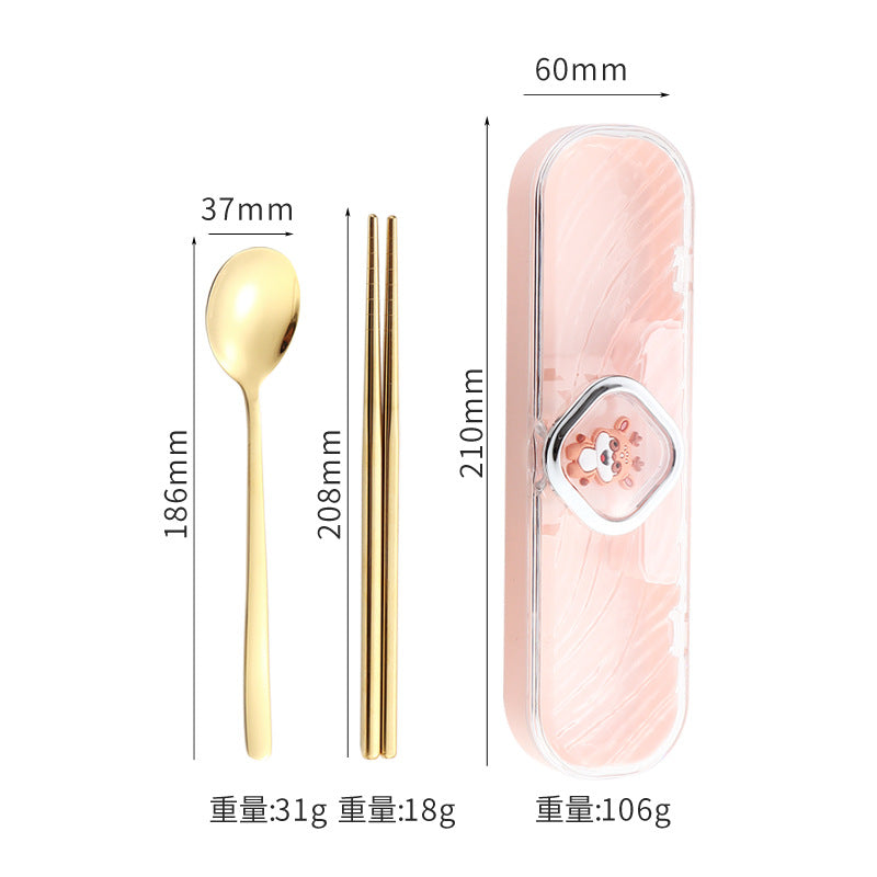 304Stainless Steel Tableware Student Cartoon Portable Tableware Set Work Outdoor Fork Spoon Chopsticks Three-piece Set