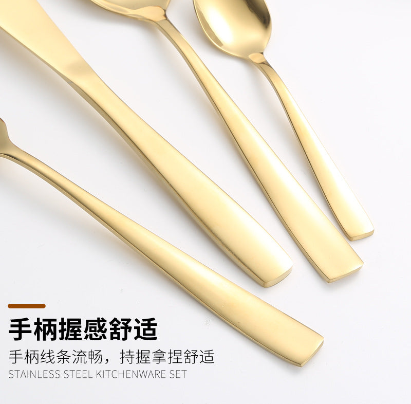 410Stainless Steel Tableware24Set of Hotel Western Dining Square Handle Steak Knife, Fork, Spoon, Tea Spoon