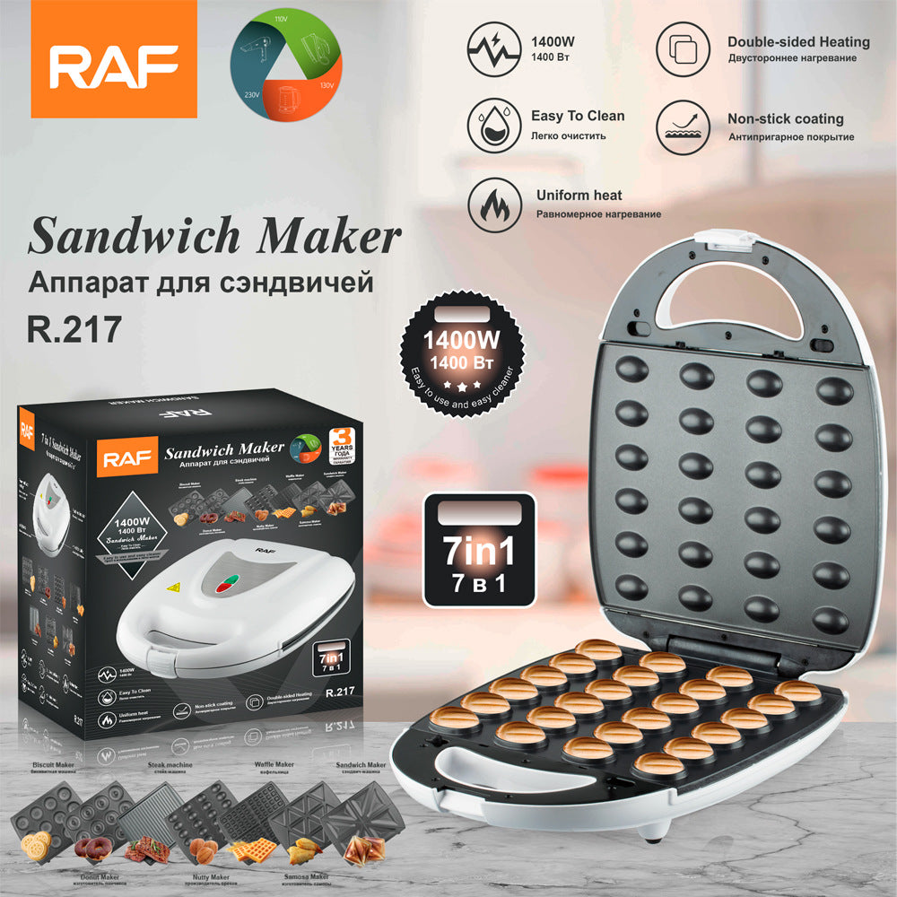 RAF European Standard Sandwich Maker Household Multi-Functional 7-in-1 Waffle Maker Breakfast Machine Portable Baking