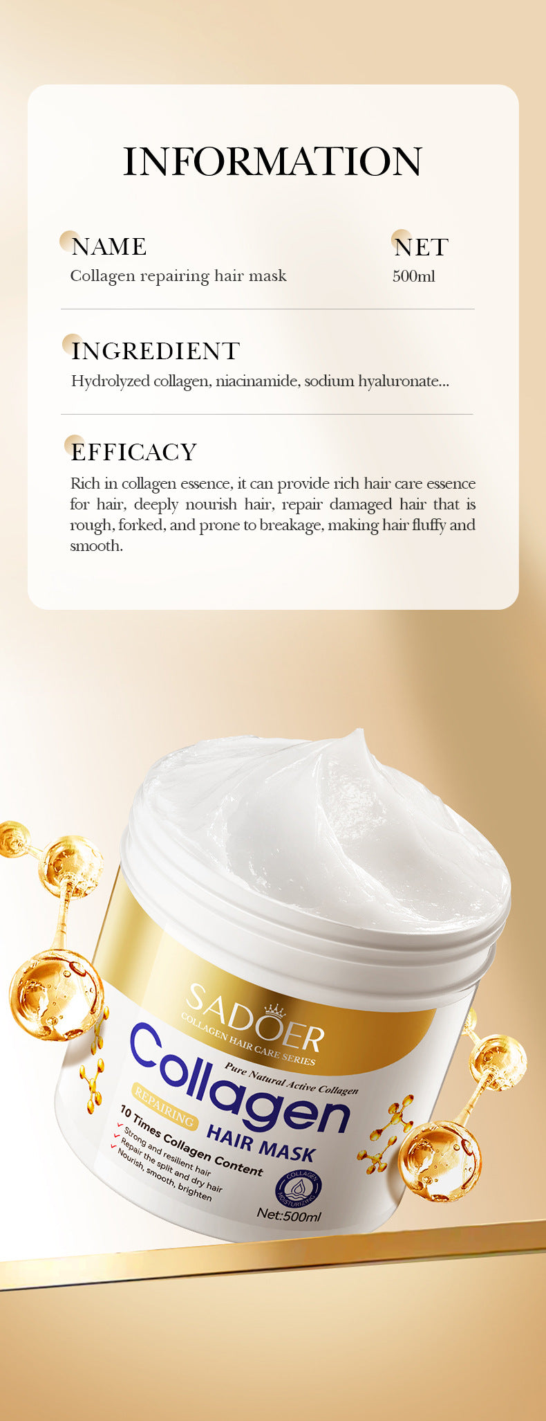 Collagen Smooth Hair Mask500ml SADOER Nourishing and Fluffy Hair Conditioner  Wholesale