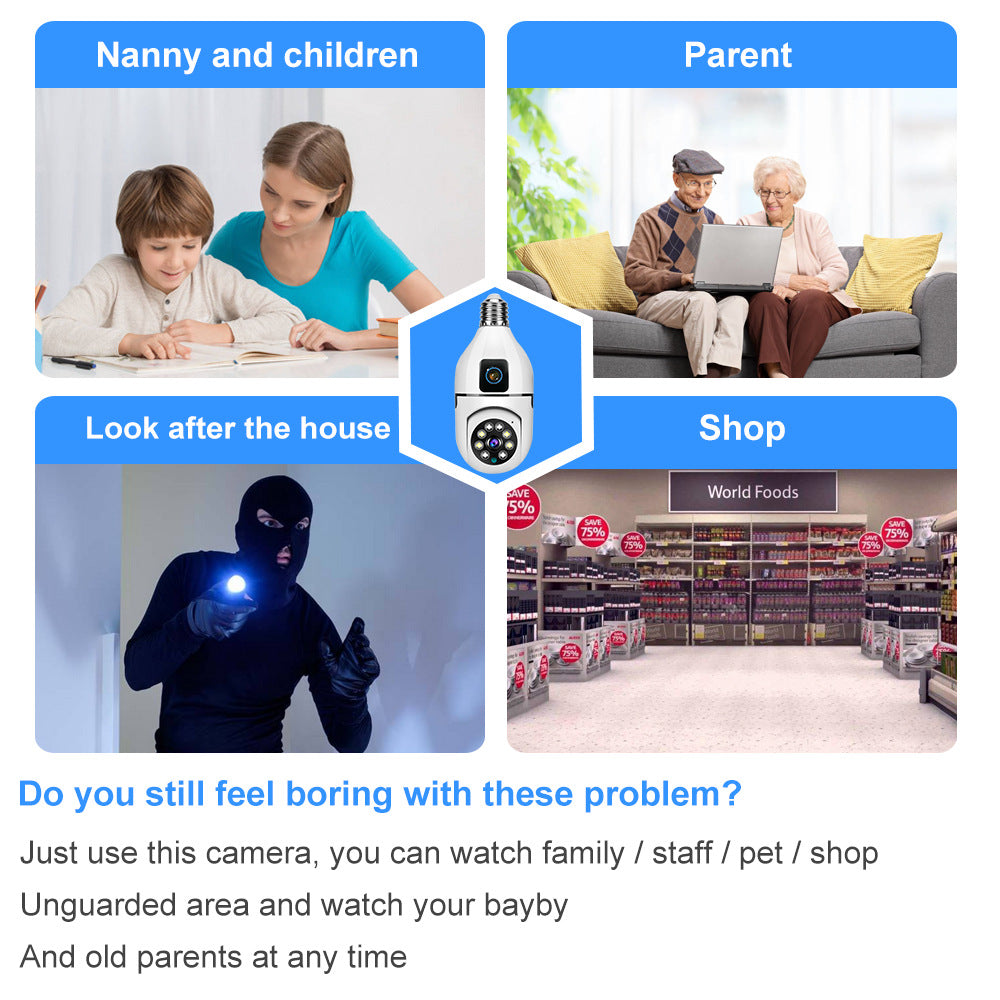 Binocular Bulb Camera360360-degree panoramic dual-screen display Dual Lens Household WiFi Remote Indoor Camera