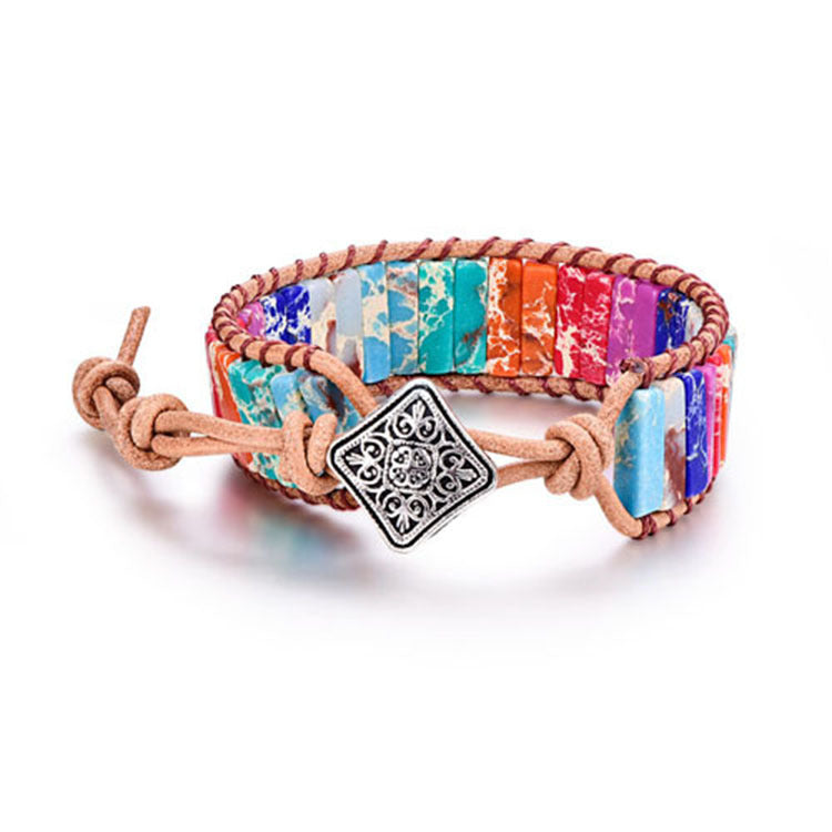 European and American Style Women's Bohemian Bracelet Vintage Emperor Stone Bracelet Handmade Woven Leather Cord Bracelet