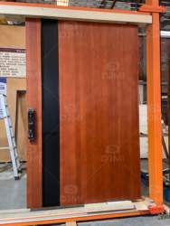 Villa Home Outdoor Timber Door for House Gong groove Line Carving Solid Wood Front Entry Pivot Door with Black Long Handle
