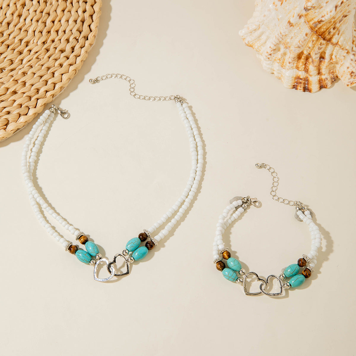 Wholesale Bohemian Vacation Style Rice Bead Turquoise Jewelry Set Metal Heart Jewelry