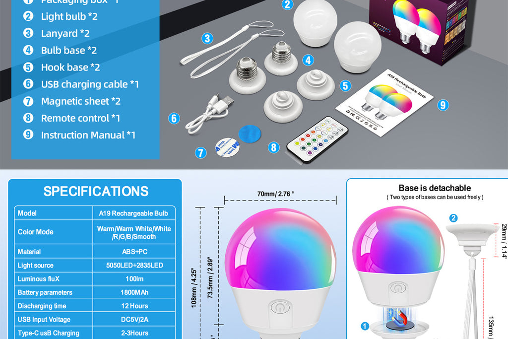 Rechargeable Light Bulb LED Bulb E26Screw Thread Household Lighting Electric Light Incandescent Chandelier Magic Color Bulb