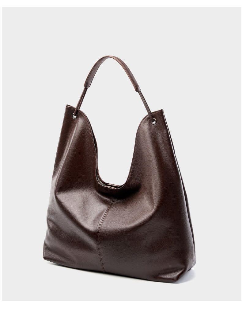 New Vegetable-Tanned Leather Trendy Large-Capacity Textured Tote Bag Versatile Shoulder Bag for Class and Commuting