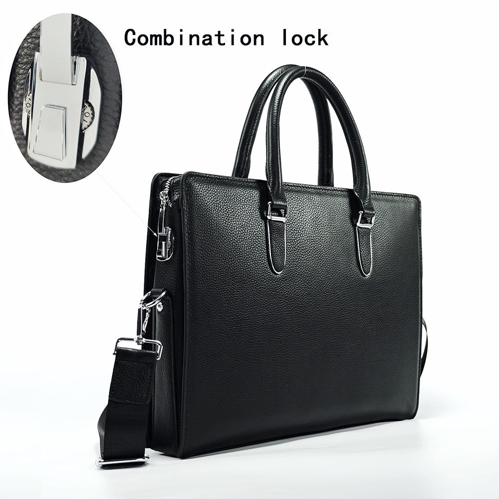 Business Trip Fingerprint Lock Handbag Men's Top Layer Cowhide Large Capacity High-end Feel Men's Business Commuting Genuine Leather Briefcase