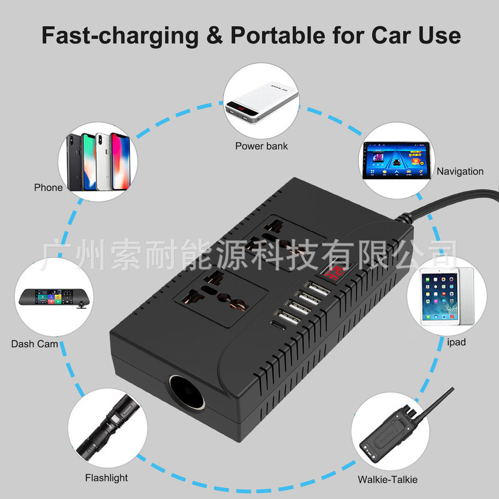 Vehicle Inverter150W 12V/24V Turn110V/220V 4个USB 1个Type-C Fast Charging Port