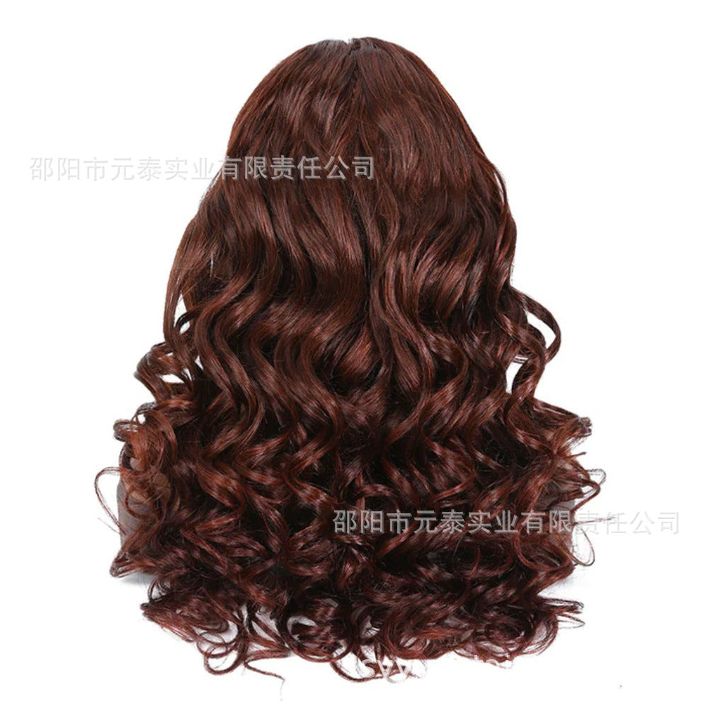 13*4Amazon European and American Wig Women's Synthetic Fiber Front Lace Long Curly Hair wig Reddish Brown Big Wave Headband