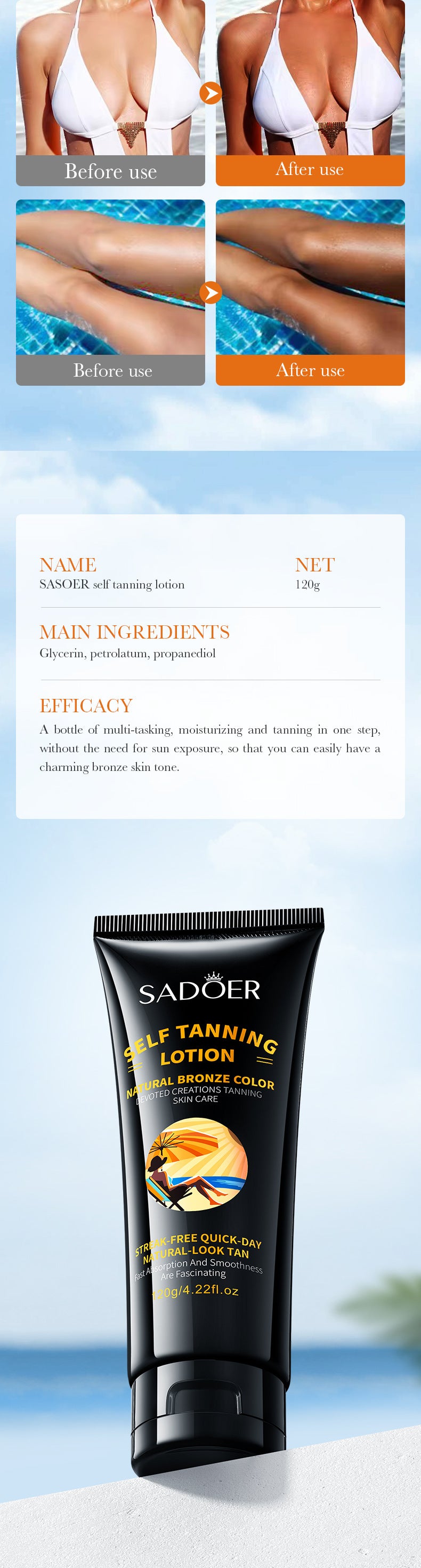 Tanning Moisturizer120gSADOER Moisturizing and Hydrating Wheat Color Sunbathing Essence Lotion for Foreign Trade Cross-Border