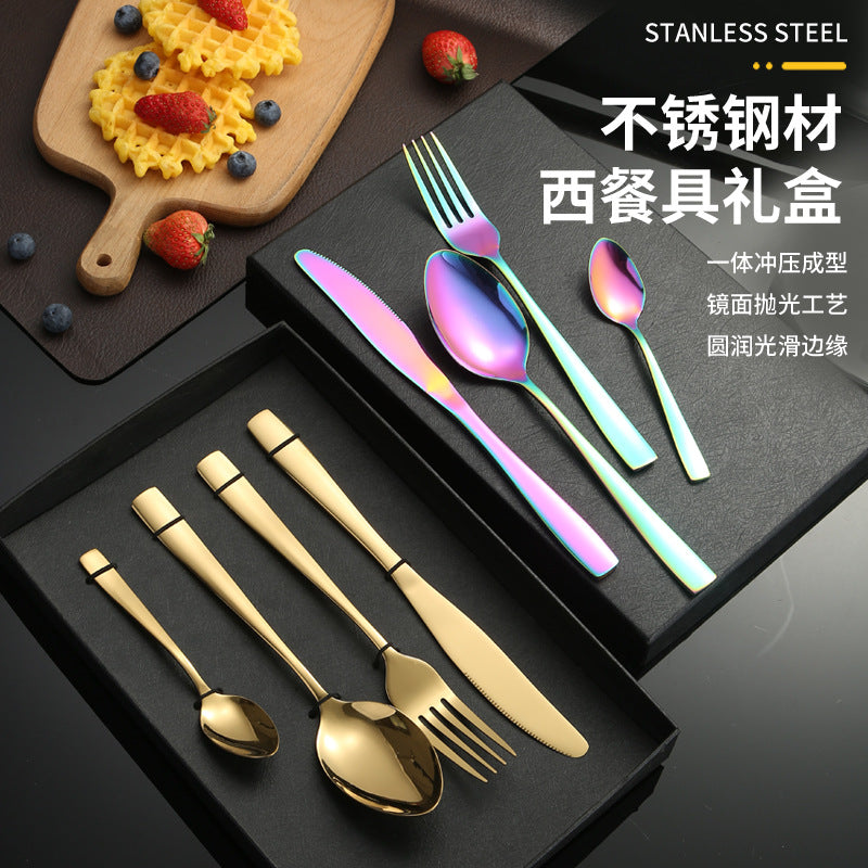 410Stainless Steel Cutlery Western Food Square Handle Knife Fork Spoon4Gift Set Cutlery Set Steak Knife Fork Spoon