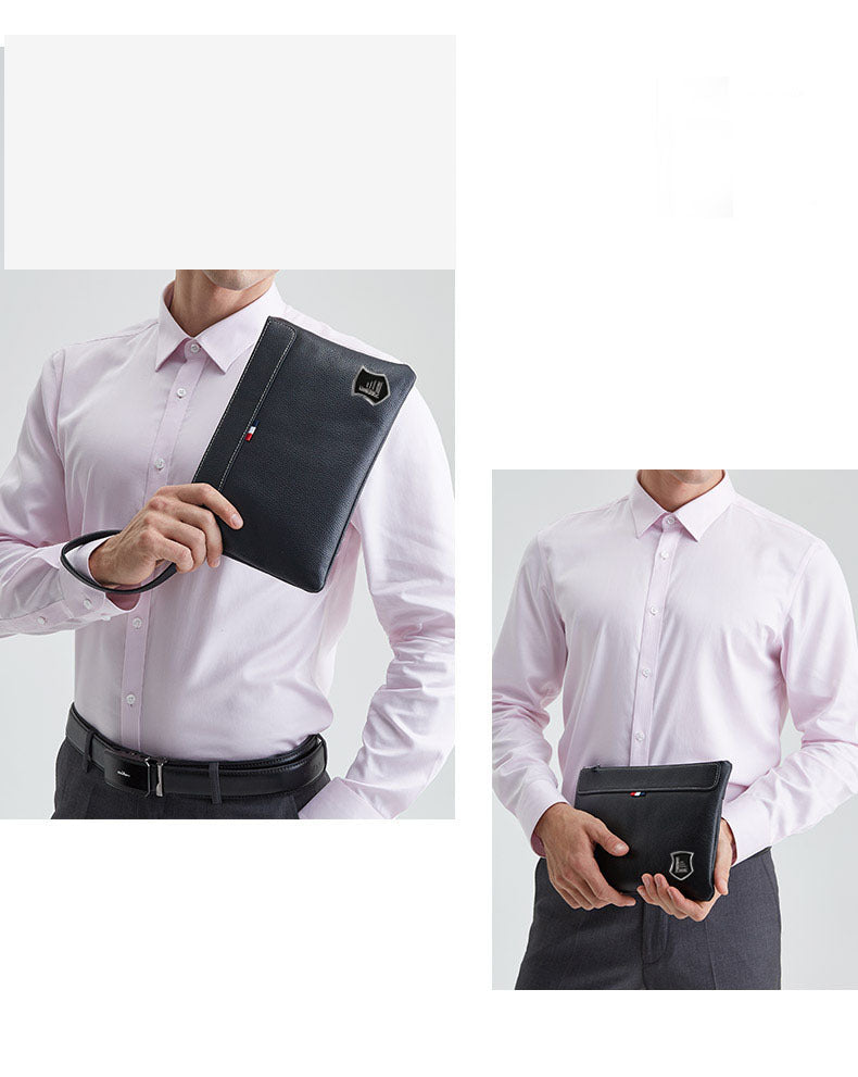 Business Commuting Genuine Leather Clutch Bag for Men, Casual Large Capacity Top Layer Cowhide Men's Handheld Wallet Phone Bag