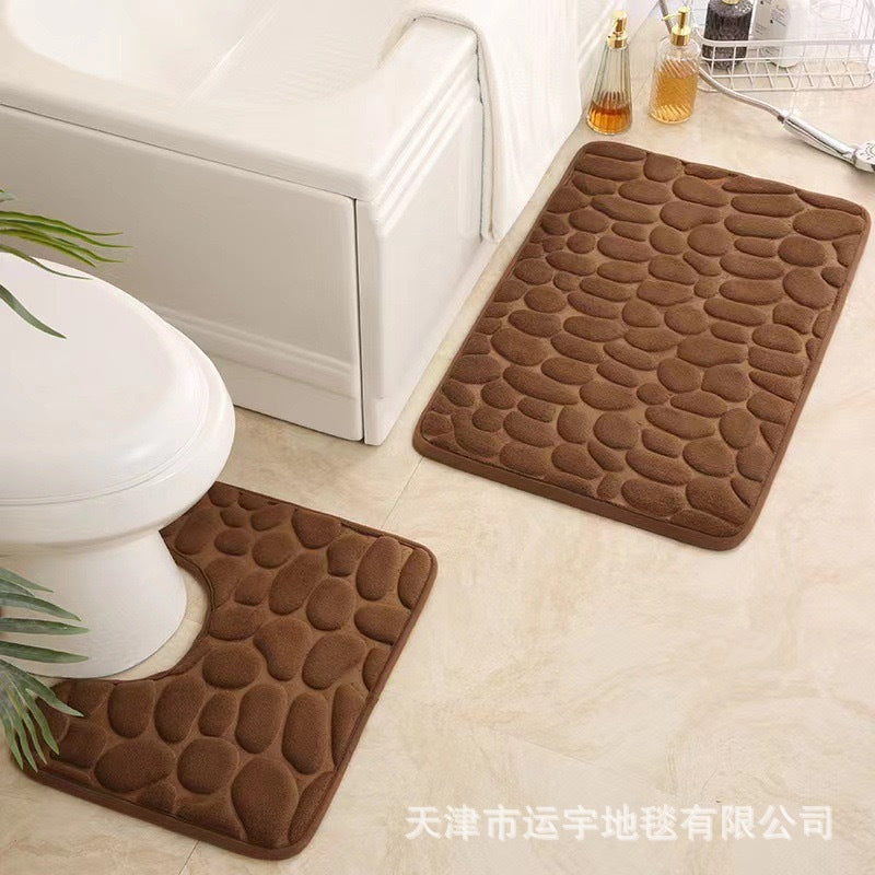 Embossed Pebble Coral Fleece Mat for Bathroom Toilet U Type bathroom absorbent foot mat small stones2Set