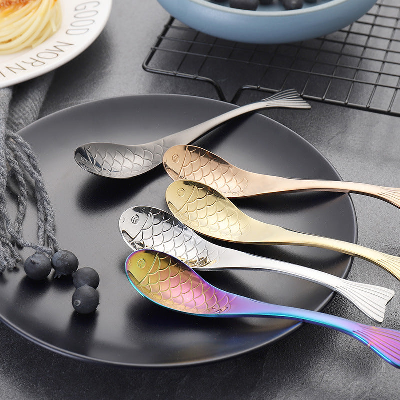304Stainless Steel Spoon Cooking Restaurant Spoon Pickled Fish Spoon Cartoon Spoon PVD Titanium-plated Colorful Fish Tail Cute Spoon