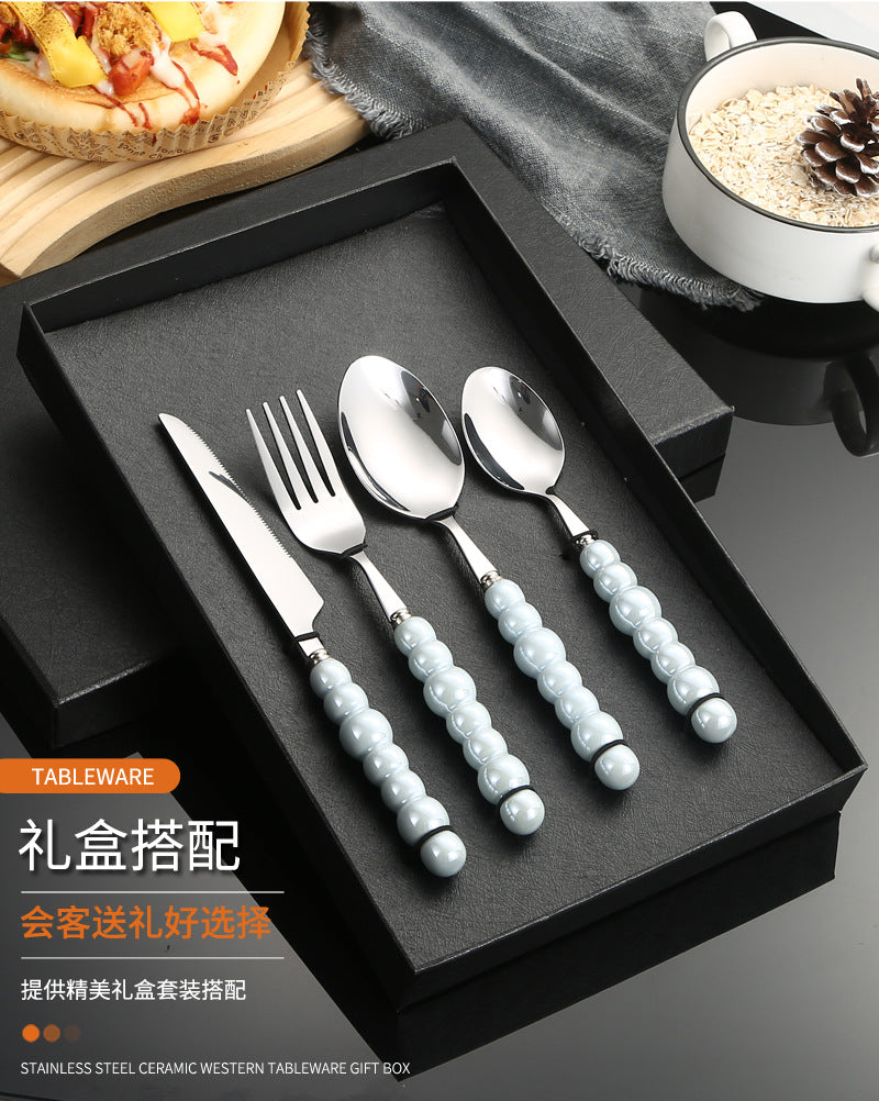 Stainless Steel Tableware Hotel Restaurant Pearl Ceramic Handle Knife Fork Spoon4Set of Western Steak Cutlery