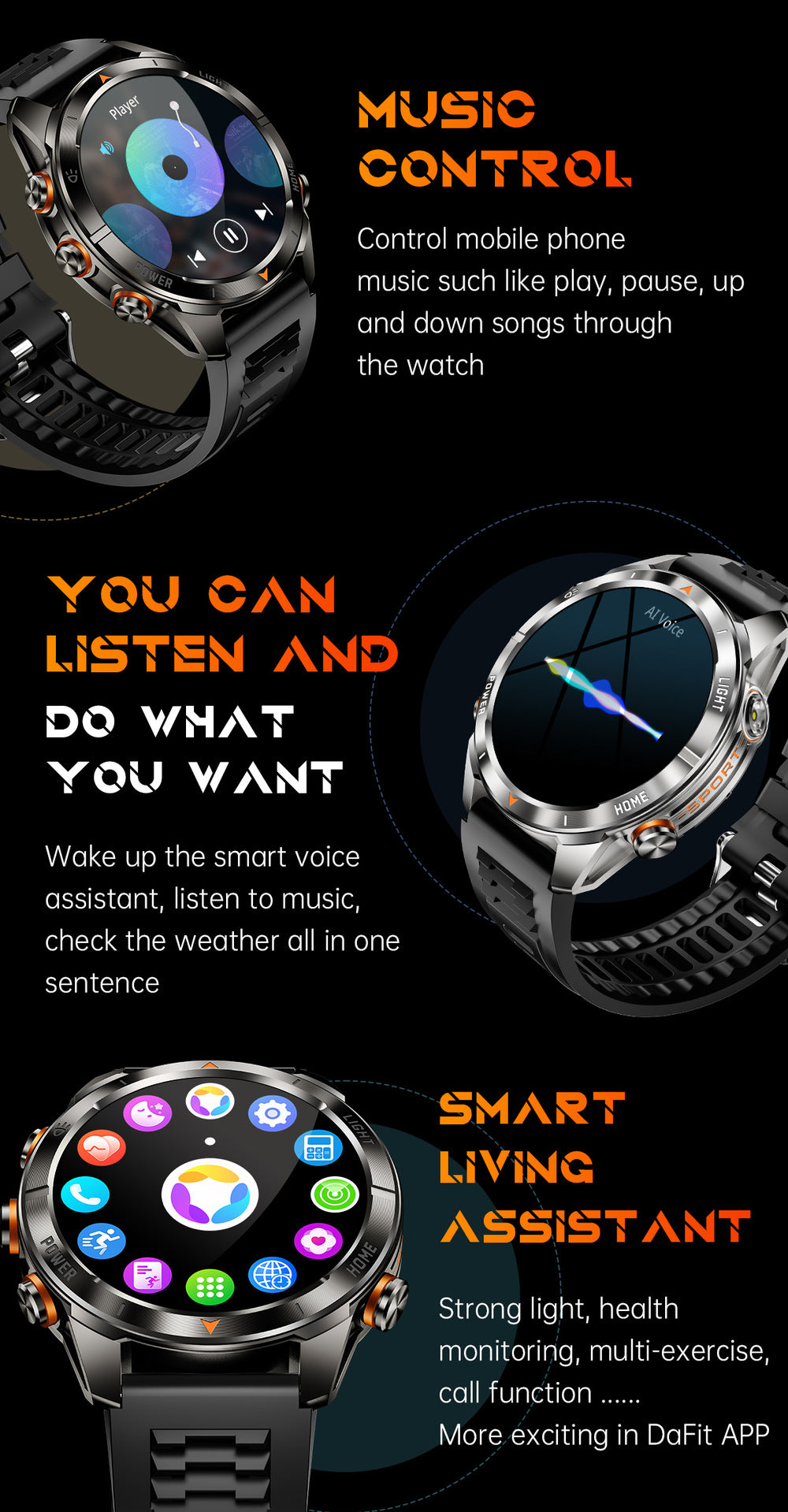KT80Smart Watch Bluetooth Call True Heart Rate Step Sleep Monitoring IP68Deep Waterproof Flashlight Three-Proof
