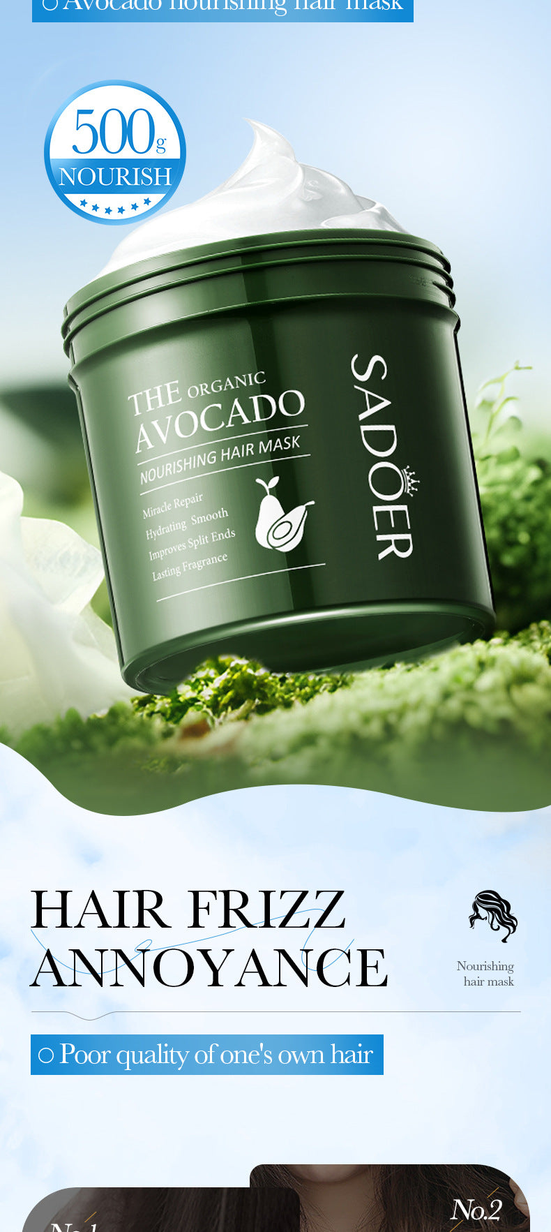 Avocado Smooth and Nourishing Hair Mask SADOER Cross-border foreign trade wholesale of frizz improvement conditioner