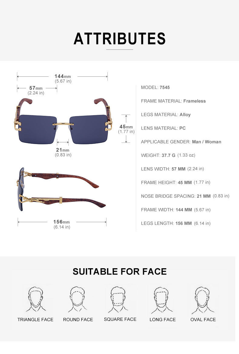 Vintage Rimless Sunglasses for Women with Leopard Wood Grain Temples, Square Frame Sunglasses for Men, Trendy Eyewear shades