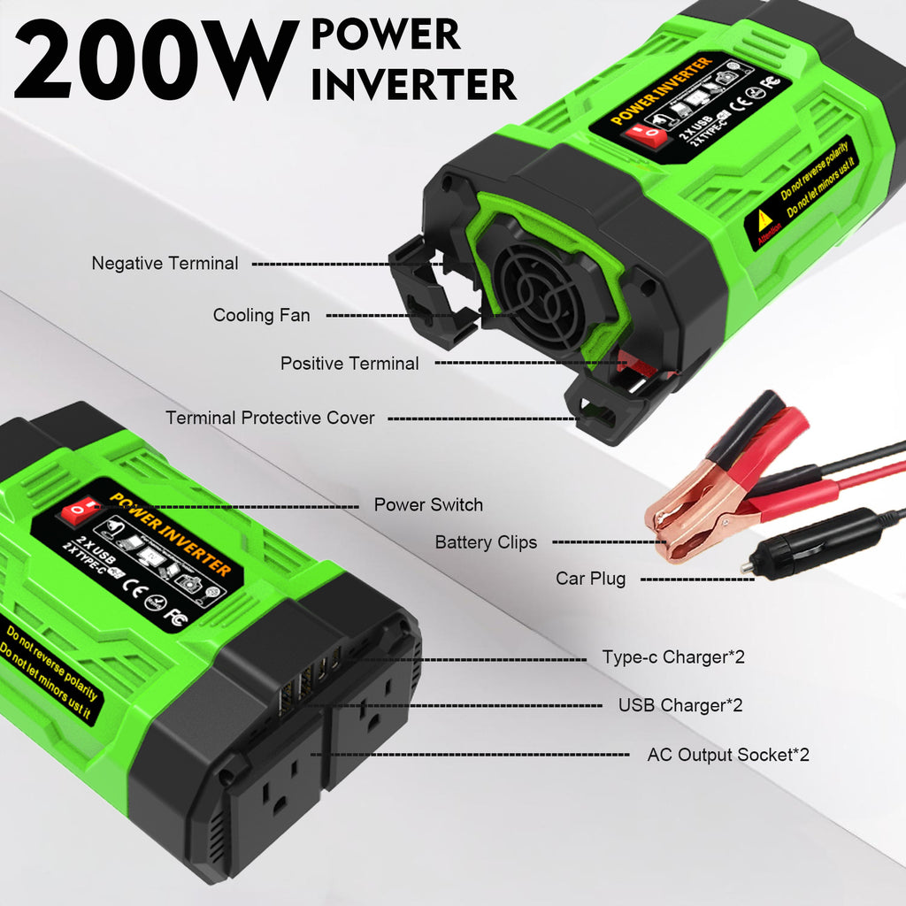 US Standard Socket Car Inverter200W 300W 600W12V Turn110V Dual Socket Dual USB Double Type-C